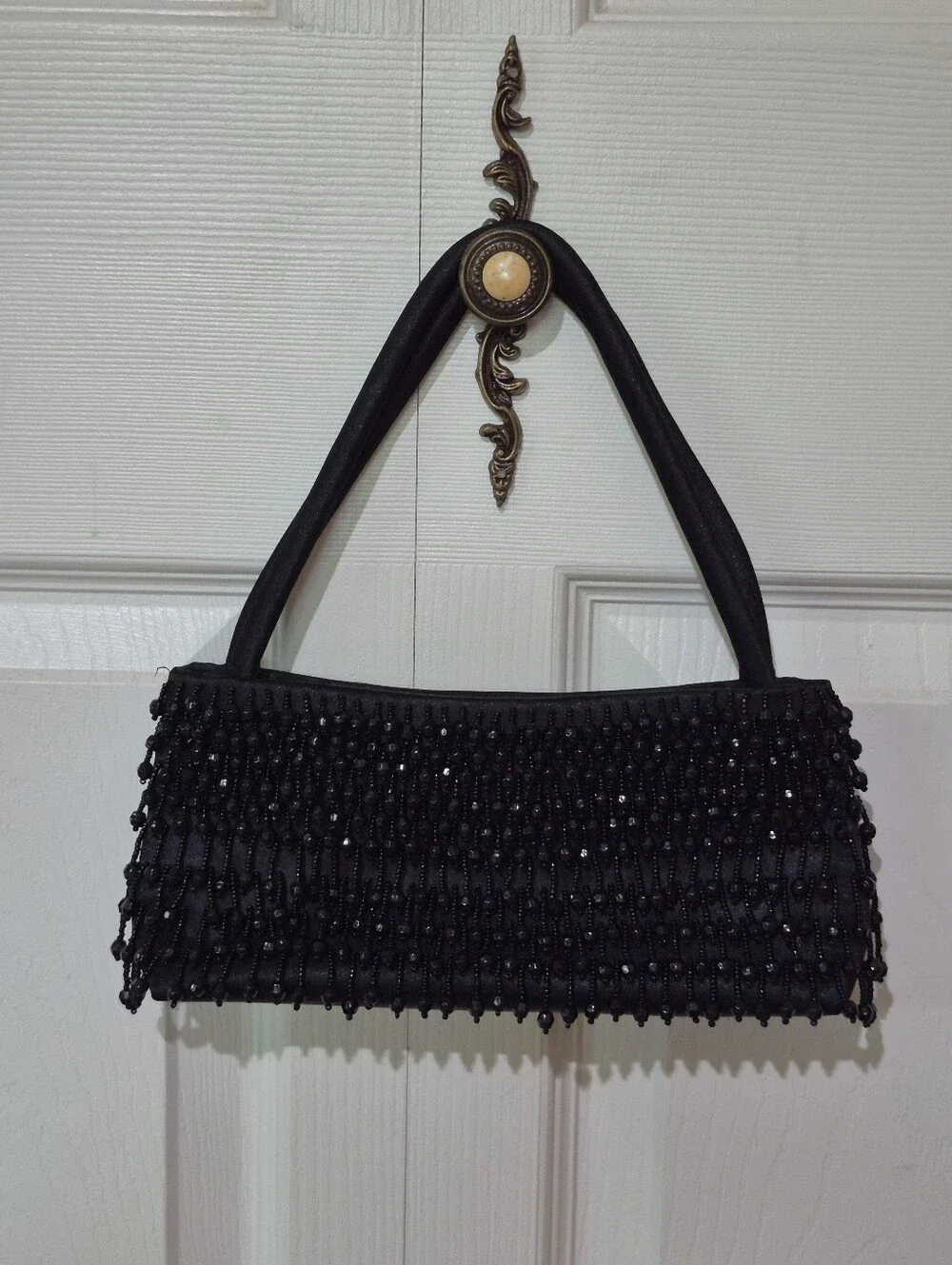 Black beaded satin evening purse